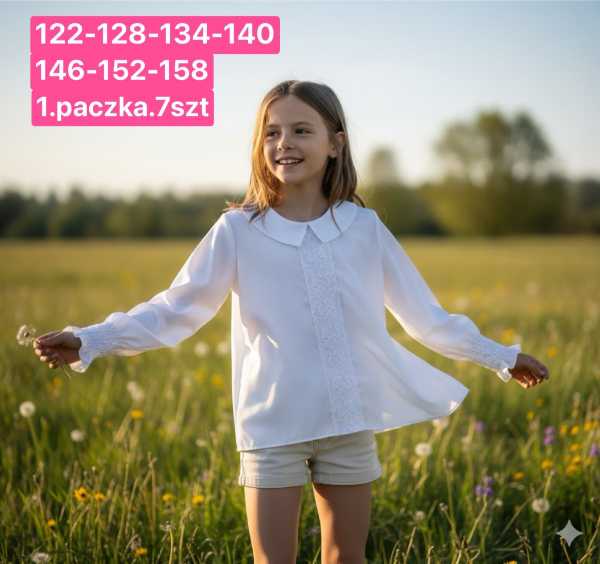 Koszule dziewczęce Roz 116-158, 1 kolor Paczka 7 szt